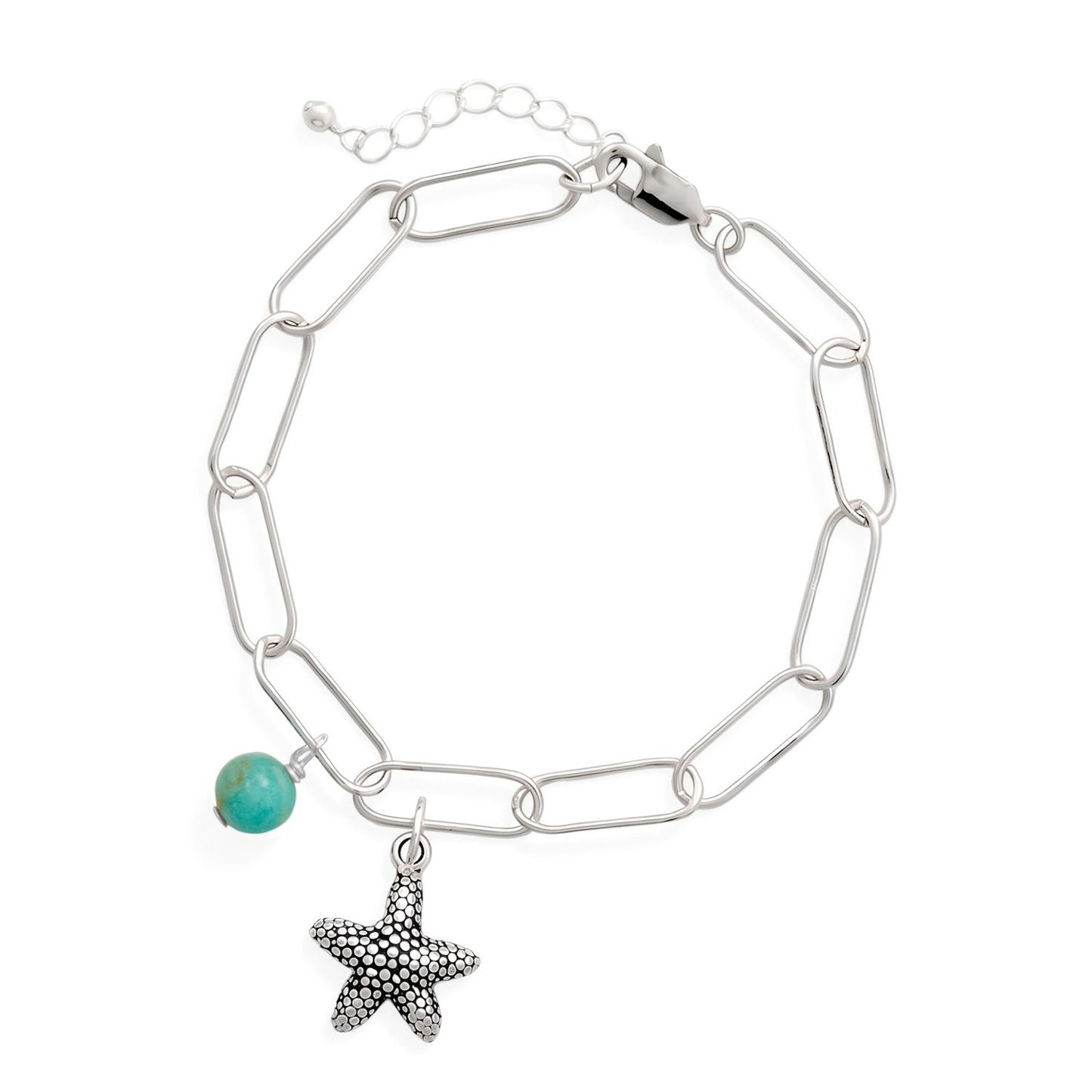 6.5" + 1" Rhodium Plated Amazonite and Starfish Bracelet