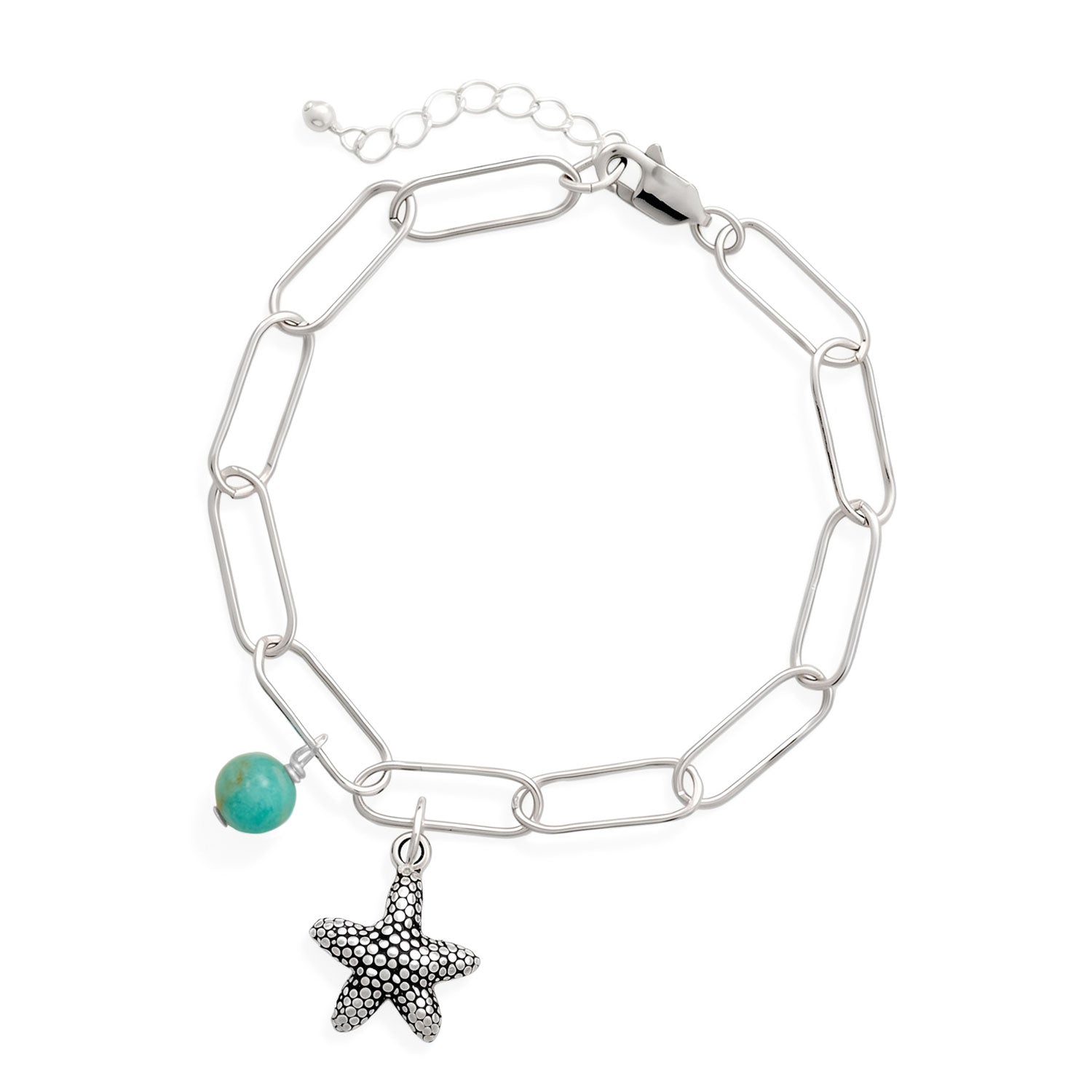 6.5" + 1" Rhodium Plated Amazonite and Starfish Bracelet
