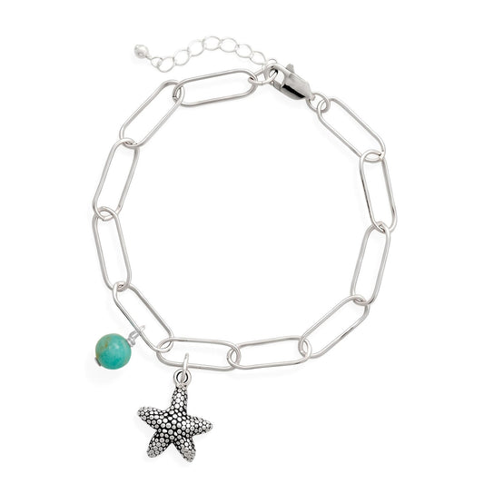6.5" + 1" Rhodium Plated Amazonite and Starfish Bracelet
