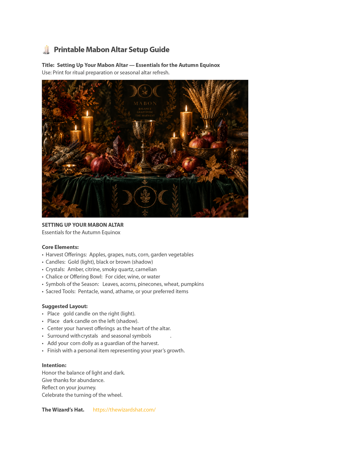 A printable setup guide page for a Mabon Altar, featuring a central color swatch image of a decorated altar with candles and herbs, followed by text instructions and lists on setting up the altar and core elements.