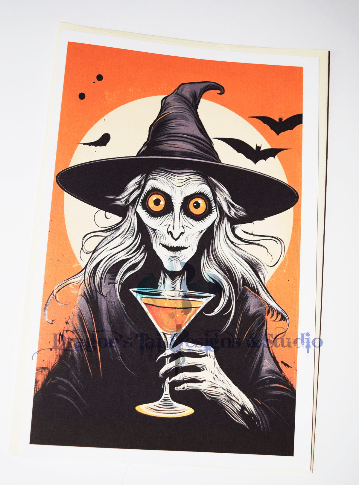A witch with a drink, Handcrafted All Occasion Greeting Card, blank inside.