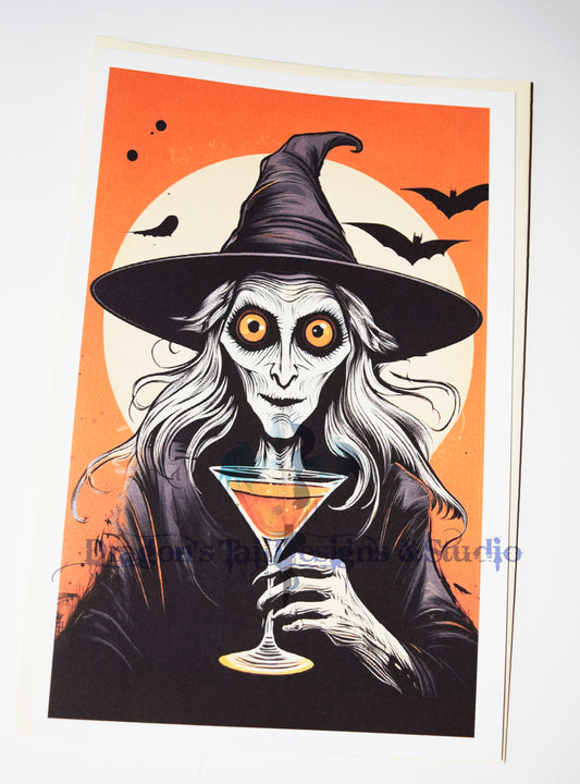 A witch with a drink, Handcrafted All Occasion Greeting Card, blank inside.