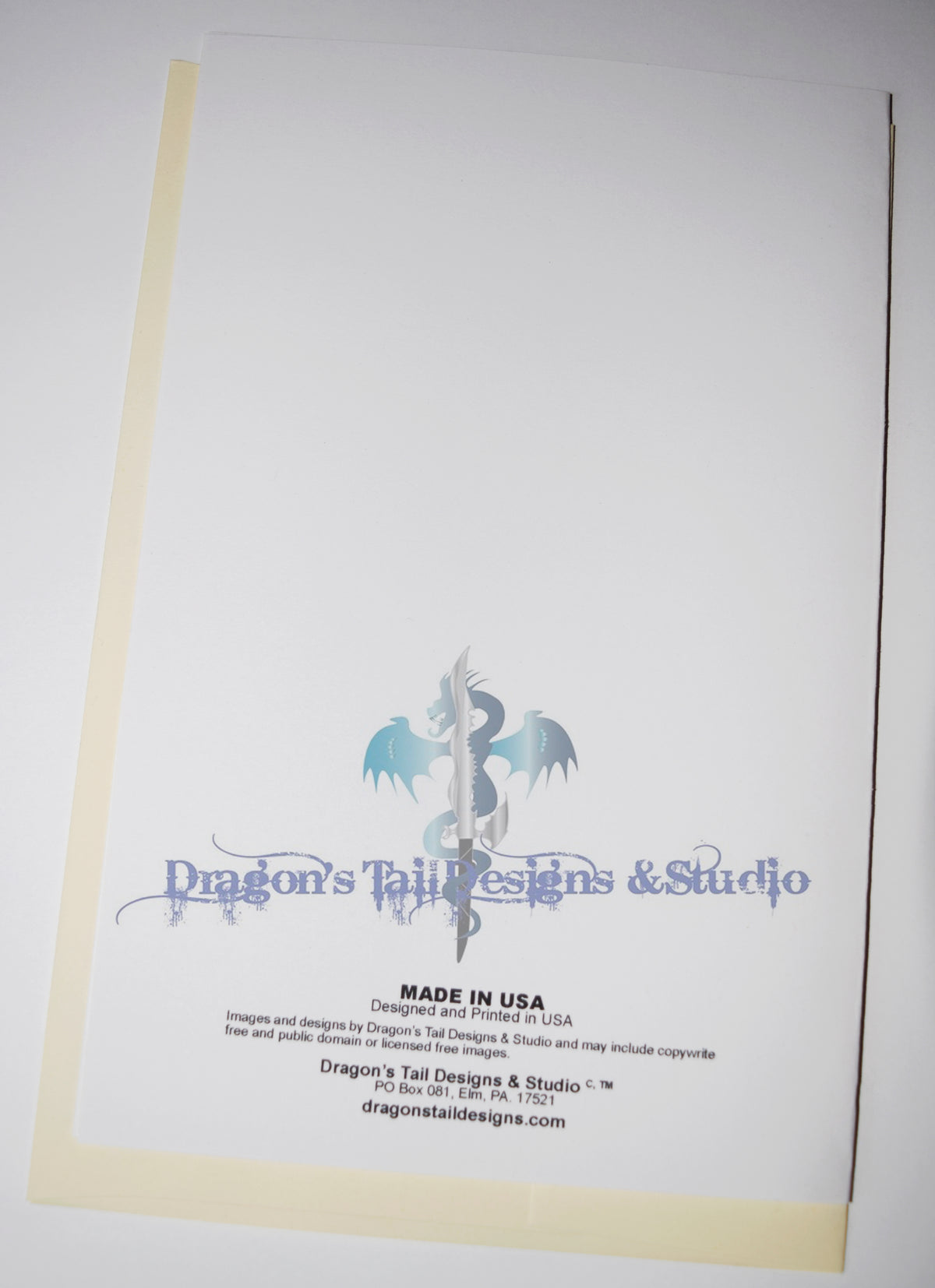 A white sheet of paper with a pale yellow border, featuring a blue dragon graphic and the text 'Dragon's Tail Designs & Studio' on a white background.