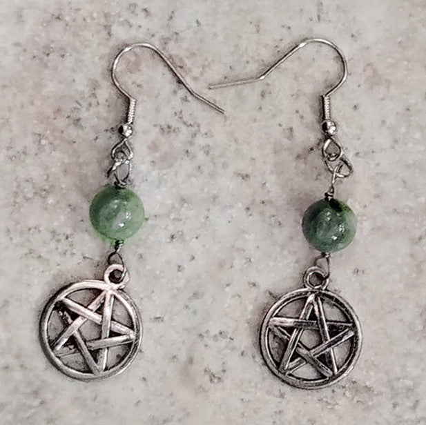 Natural Aventurine Gemstone and Pentagram Symbol Drop Earrings