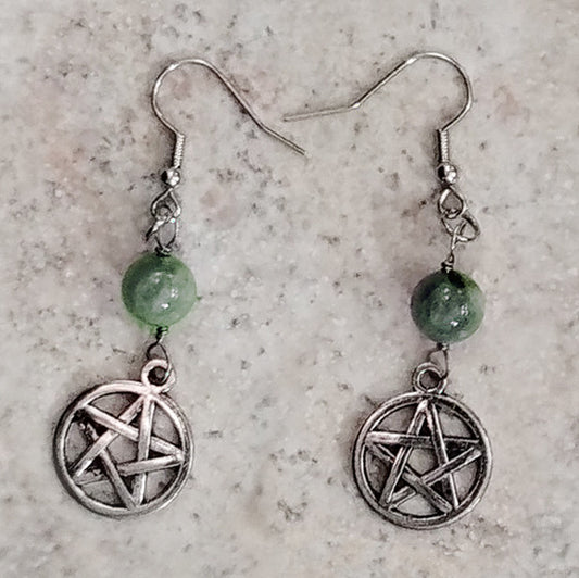Natural Aventurine Gemstone and Pentagram Symbol Drop Earrings