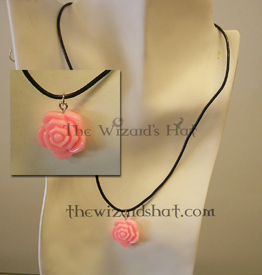 Handcrafted 3D Pink Rose Lucite Charm Necklace on Genuine Leather Cord
