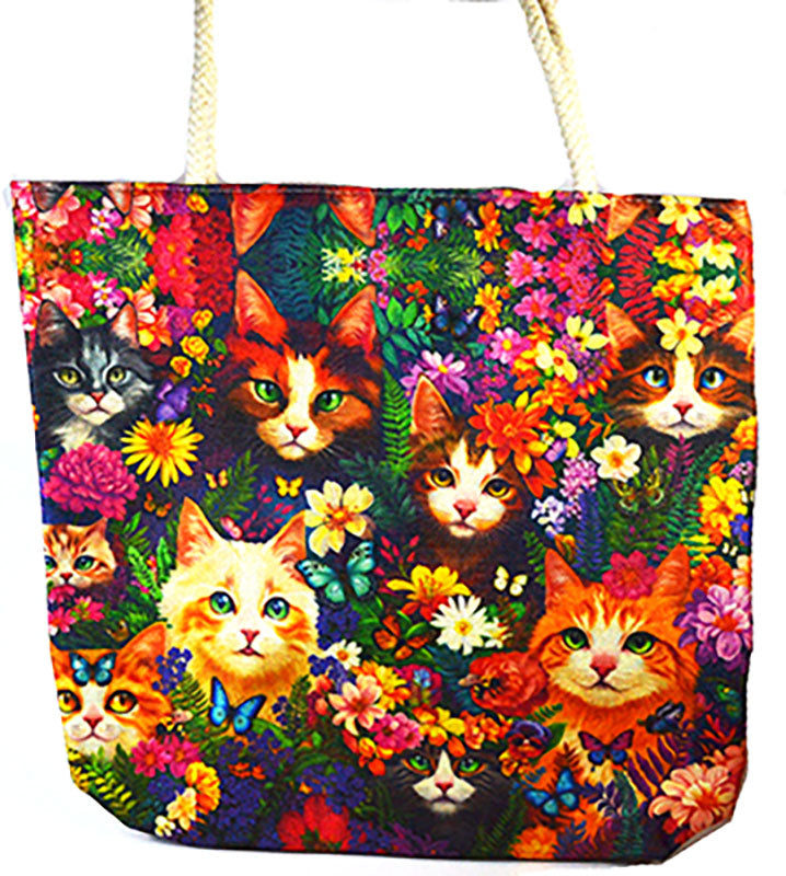 17" x 17" Floral Cat Print Canvas Tote Bag