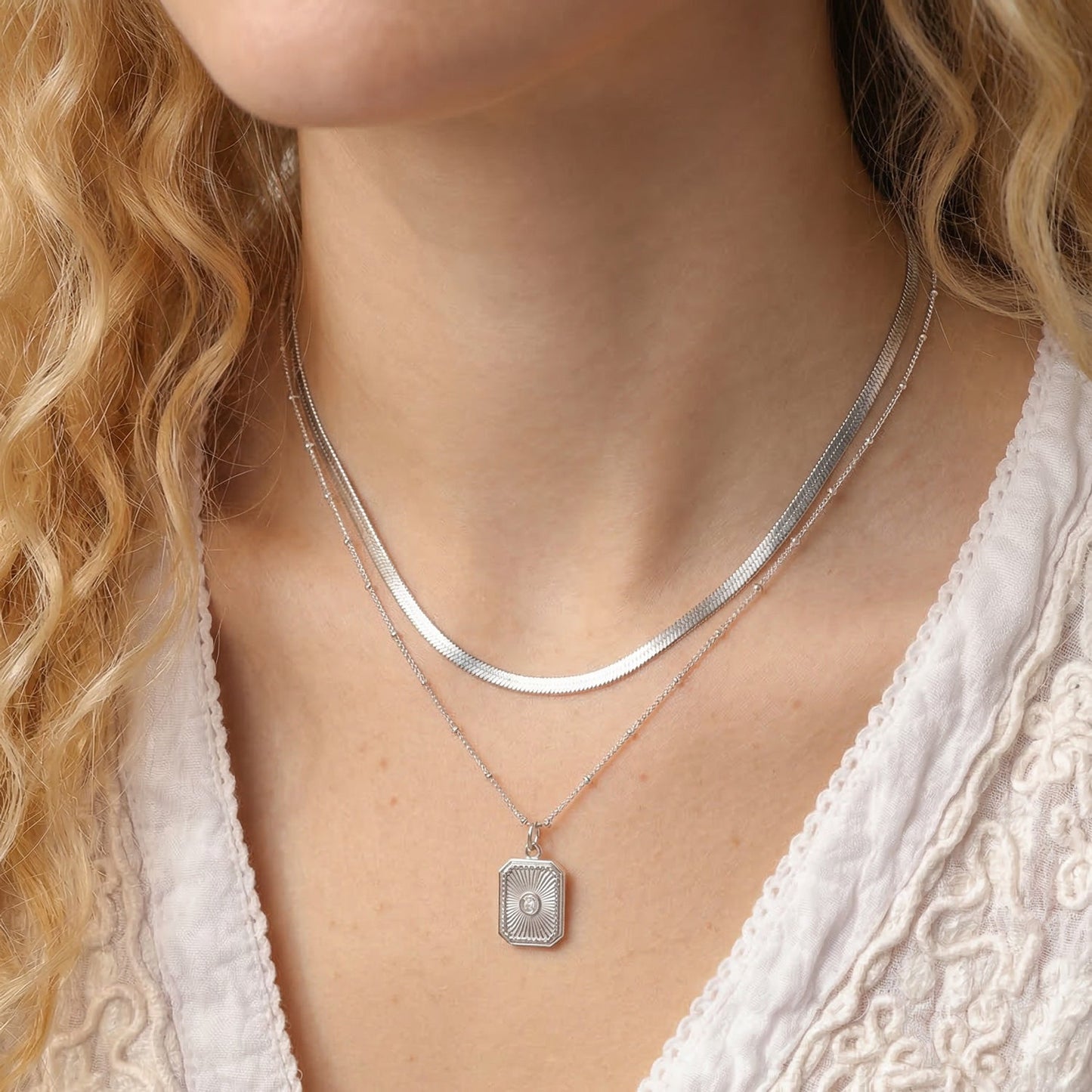 Stainless Steel Crystal Sunburst Rectangular Charm