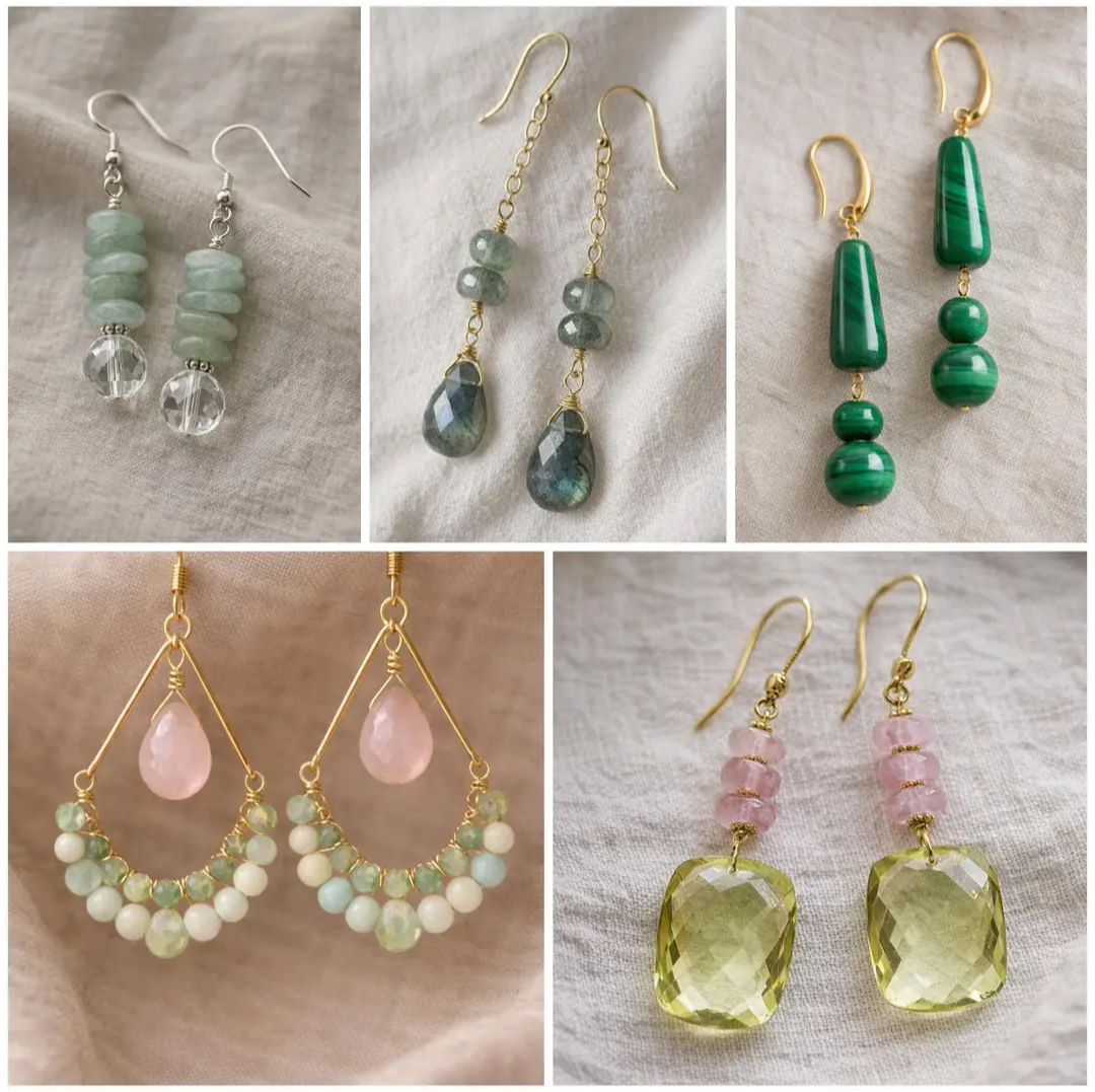 Collage of various pairs of earrings with different designs and colors.