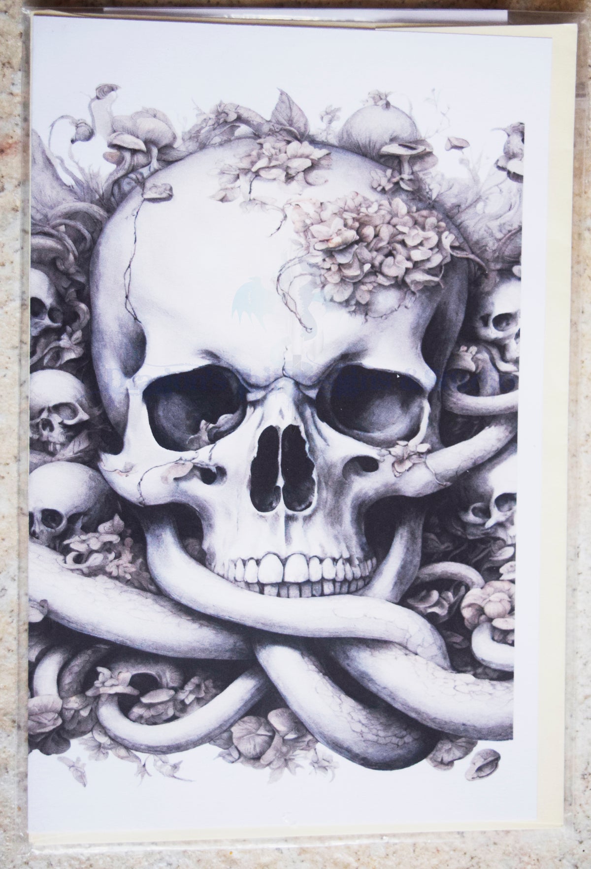 Skull with petals & mushrooms Handcrafted All Occasion Greeting Card, blank inside.