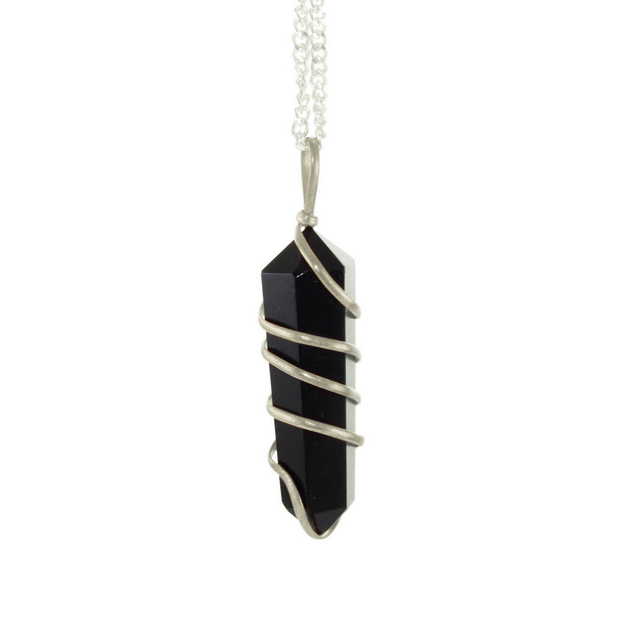 Handcrafted Natural Obsidian Crystal Point Pendant with Spiral Wire Wrap