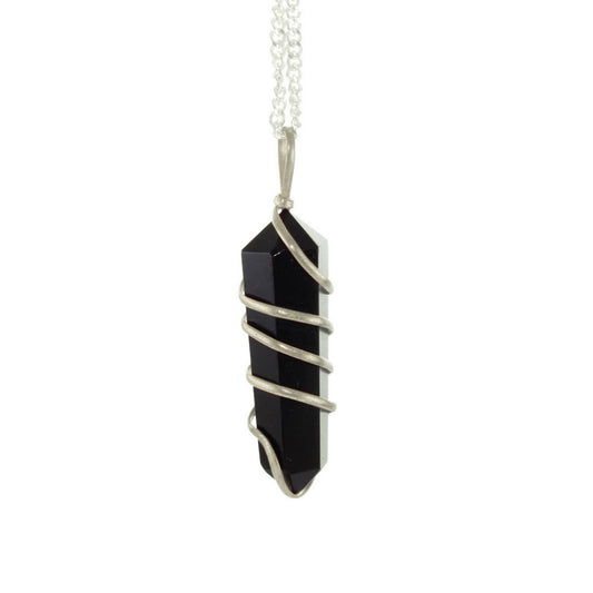 Handcrafted Natural Obsidian Crystal Point Pendant with Spiral Wire Wrap