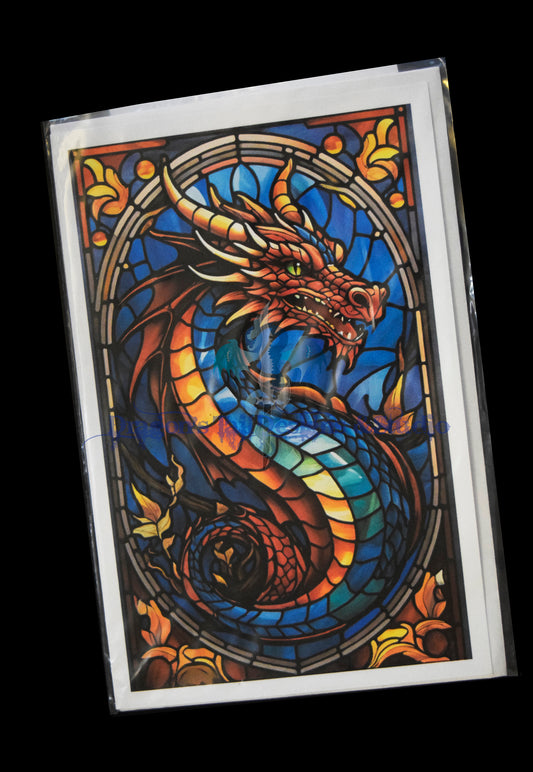 Stained Glass Dragon, Handcrafted All Occasion Greeting Card, blank inside.