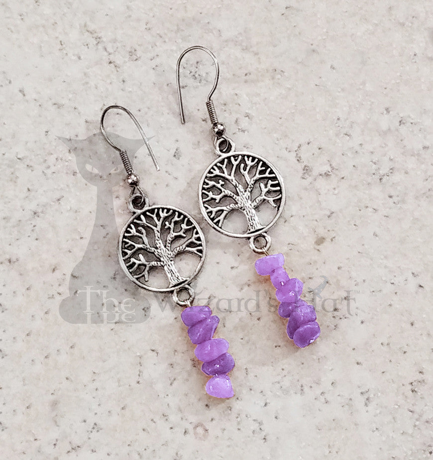 Small Silvertone Yggdrasil Tree of Life Drop Earrings with Amethyst Stone Chips