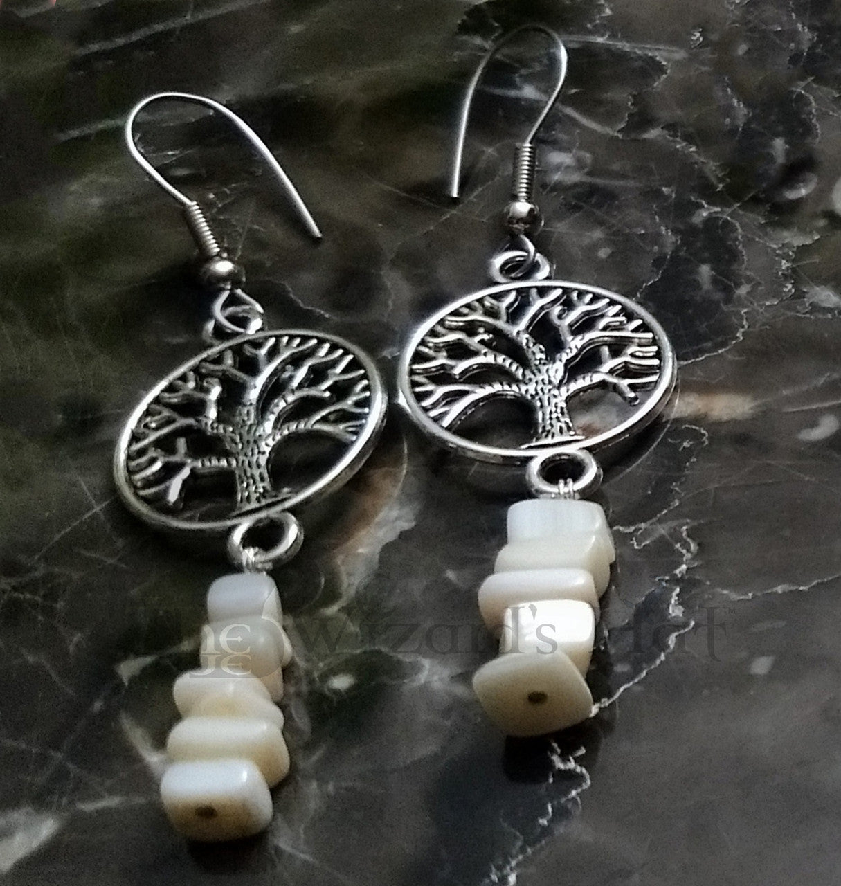 Small Silvertone Yggdrasil Tree of Life and Mother of Pearl Stone Chip Drop Earrings