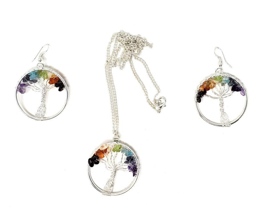Yggdrasil Tree of Life 7 Chakra Necklace and Earring Jewelry Set