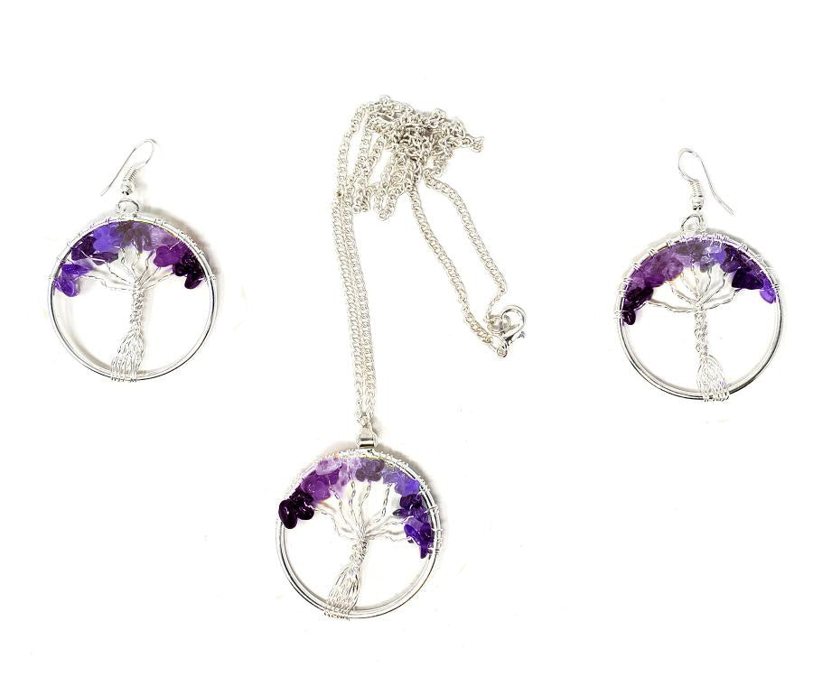 Yggdrasil Tree of Life Amethyst Necklace and Earring Jewelry Set