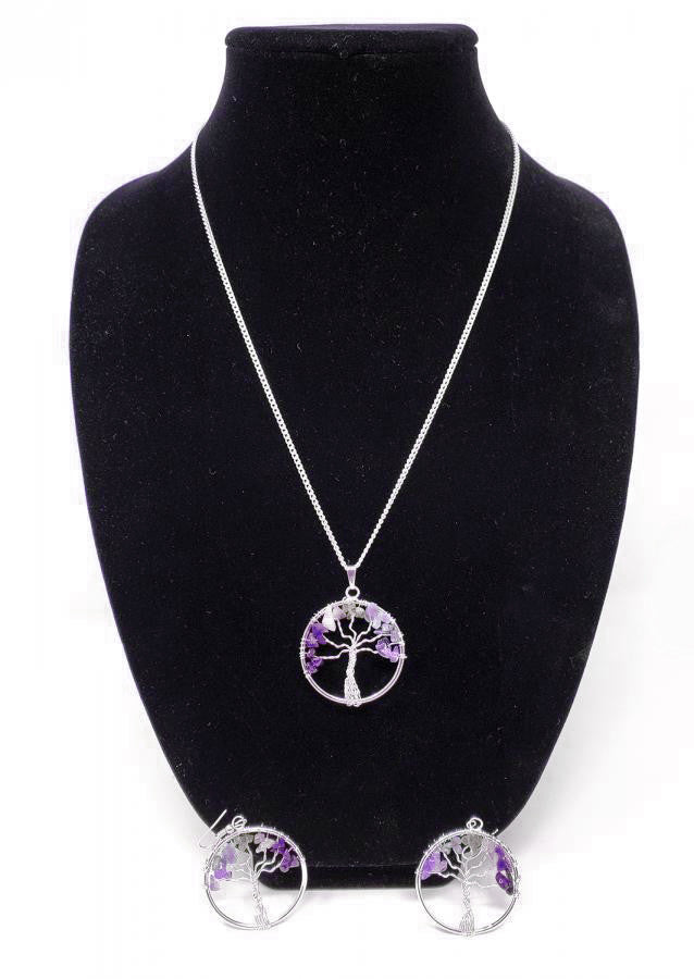 Yggdrasil Tree of Life Amethyst Necklace and Earring Jewelry Set