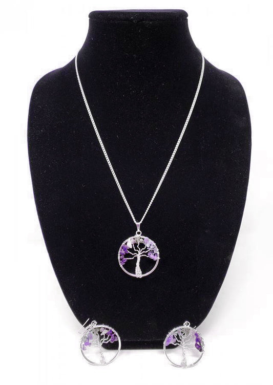 Yggdrasil Tree of Life Amethyst Necklace and Earring Jewelry Set