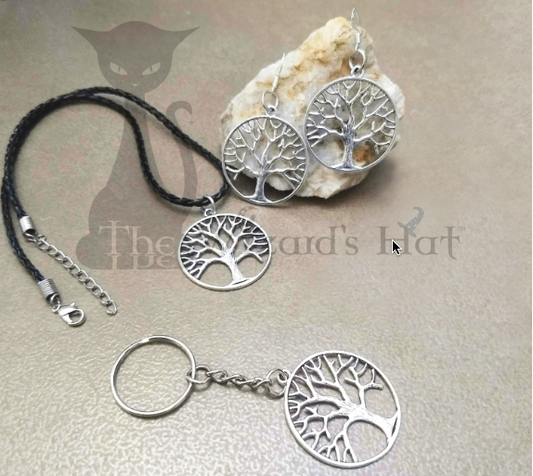 Tree of Life 3-Piece Jewelry and Accessory Set in Silver Tone: Necklace, Earrings, and Keychain