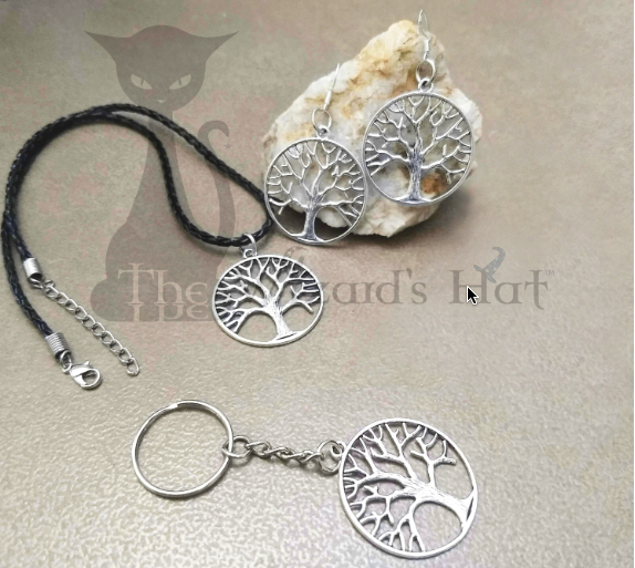 Tree of Life 3-Piece Jewelry and Accessory Set in Silver Tone: Necklace, Earrings, and Keychain
