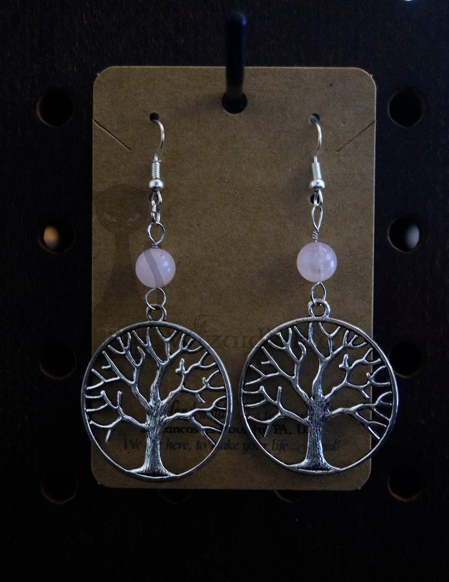 Yggdrasil Tree of Life Earrings with Rose Quartz Stones