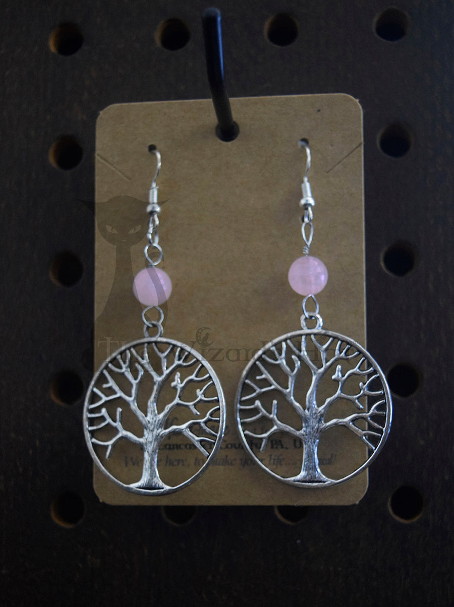 Yggdrasil Tree of Life Earrings with Rose Quartz Stones