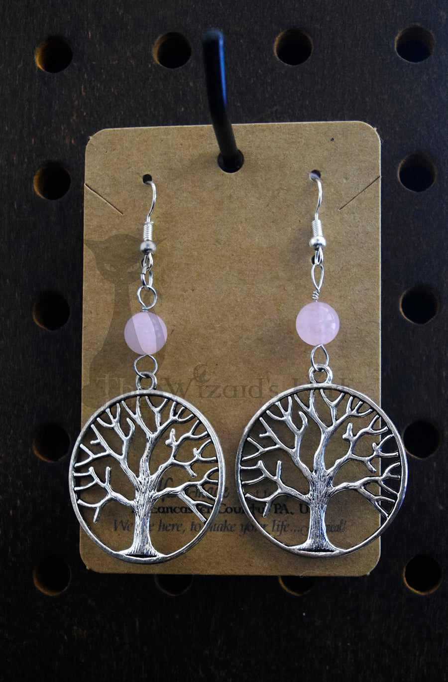 Yggdrasil Tree of Life Earrings with Rose Quartz Stones