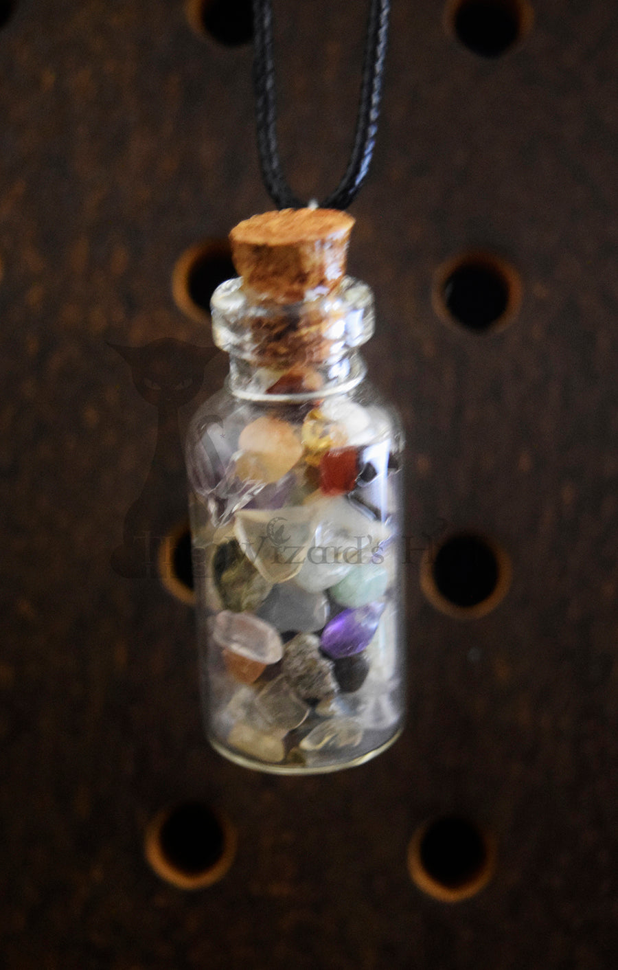 Mixed Gemstones, glass bottle with cork necklace.