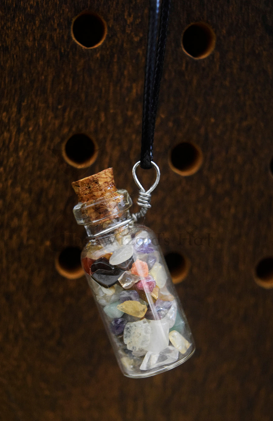 Mixed Gemstones, glass bottle with cork necklace.