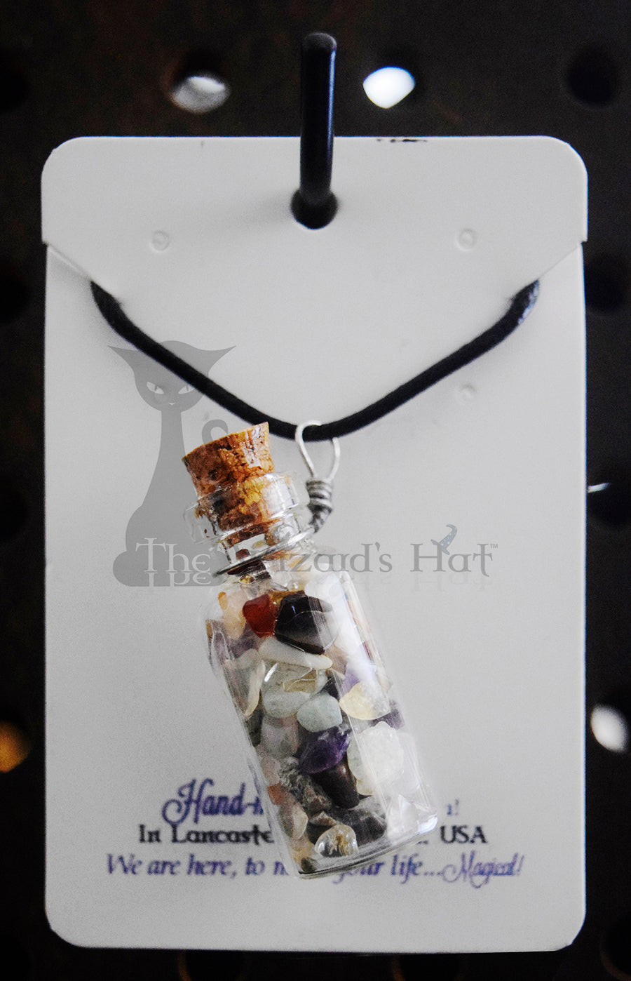Mixed Gemstones, glass bottle with cork necklace.