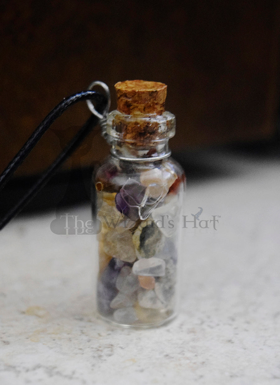 Mixed Gemstones, glass bottle with cork necklace.
