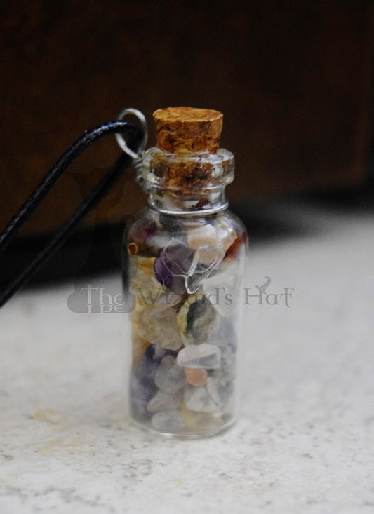 Mixed Gemstones, glass bottle with cork necklace.