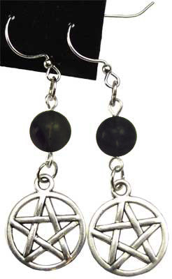 Handcrafted Pentagram Earrings Featuring 6MM Round Natural Black Obsidian Gemstones