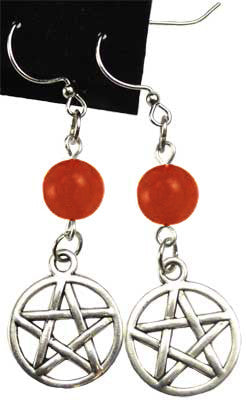 Handcrafted Sterling Silver Pentagram Earrings Featuring 6MM Round Natural Red Coral Gemstones