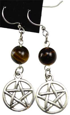 Handcrafted Pentagram Earrings Featuring 6MM Round Natural Yellow Tiger's Eye Gemstones