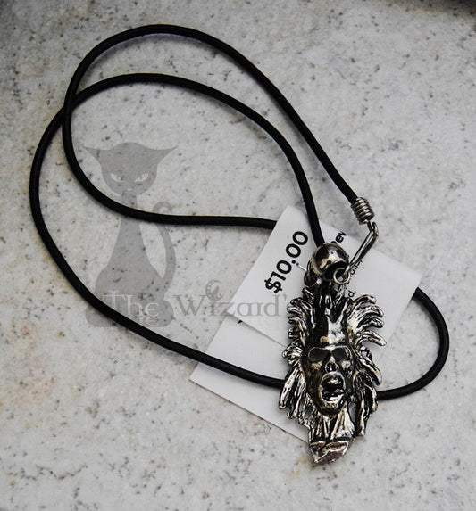 18" Leather Necklace with Screaming Skull Charm - Closeout