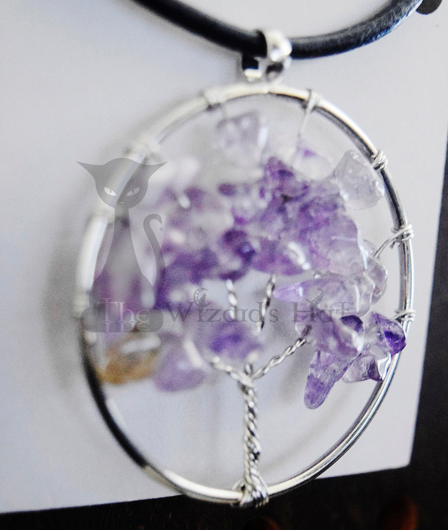 Close up of Tree of life with Amethyst stones leather necklace