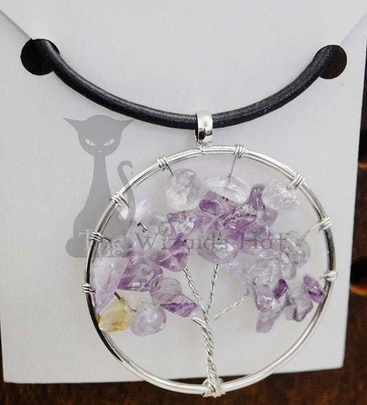 Tree of life with Amethyst stones leather necklace