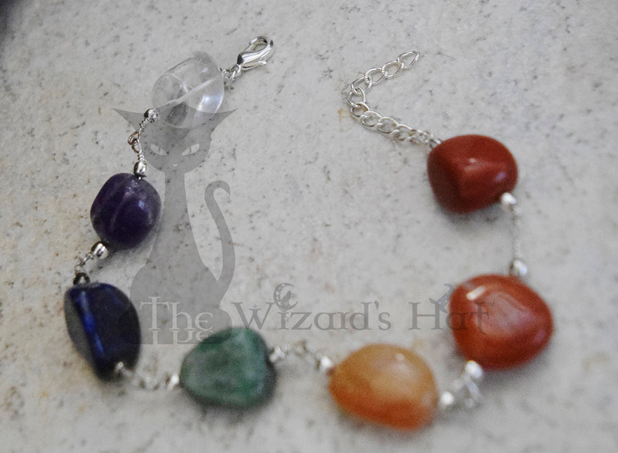 Handcrafted Chunky 7 Chakra Healing Crystal Stone Bracelet, Adjustable 8-10 inches