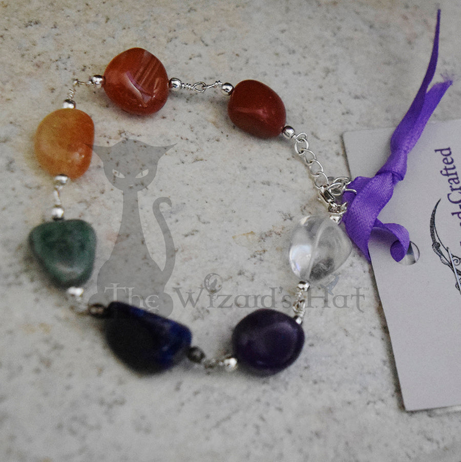 Handcrafted Chunky 7 Chakra Healing Crystal Stone Bracelet, Adjustable 8-10 inches
