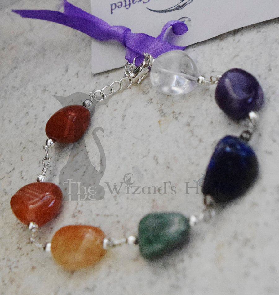 Handcrafted Chunky 7 Chakra Healing Crystal Stone Bracelet, Adjustable 8-10 inches