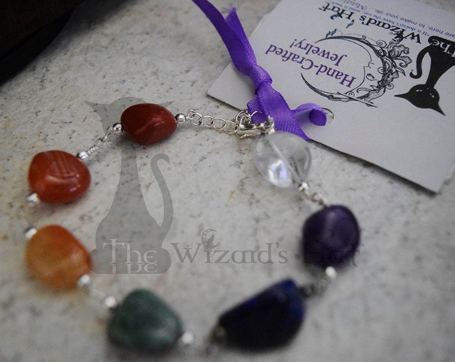 Handcrafted Chunky 7 Chakra Healing Crystal Stone Bracelet, Adjustable 8-10 inches