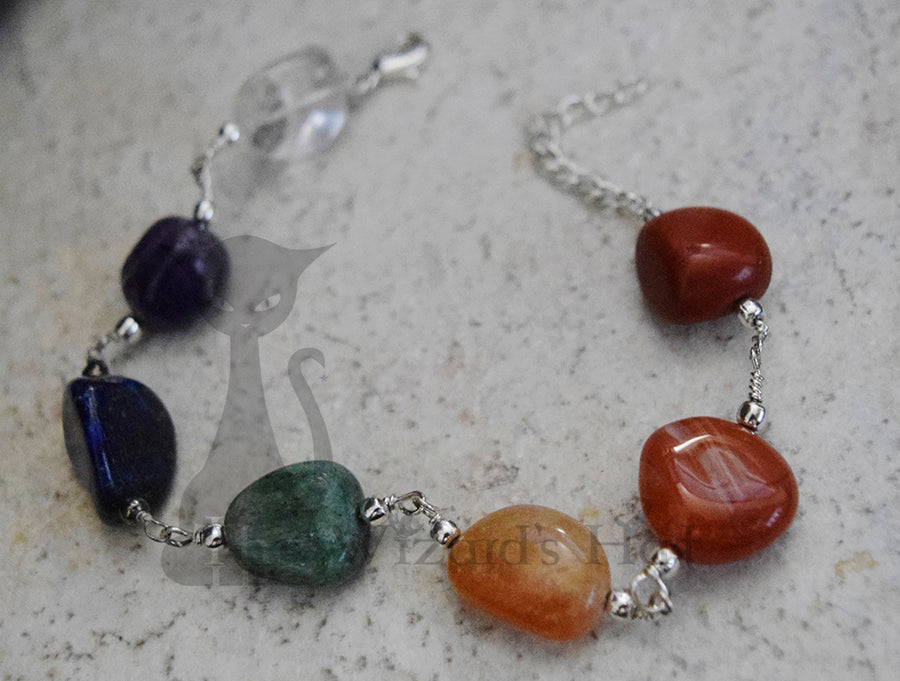 Handcrafted Chunky 7 Chakra Healing Crystal Stone Bracelet, Adjustable 8-10 inches