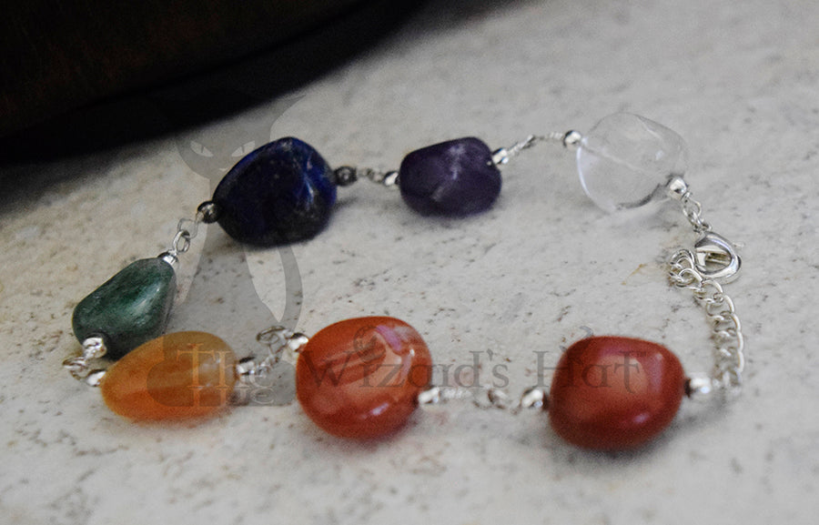 Handcrafted Chunky 7 Chakra Healing Crystal Stone Bracelet, Adjustable 8-10 inches