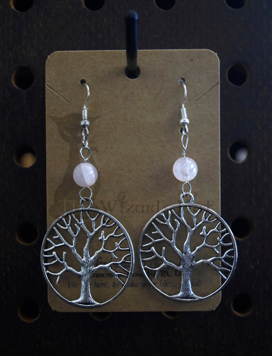 Yggdrasil Tree of Life Earrings with Clear or Milky Quartz Stones