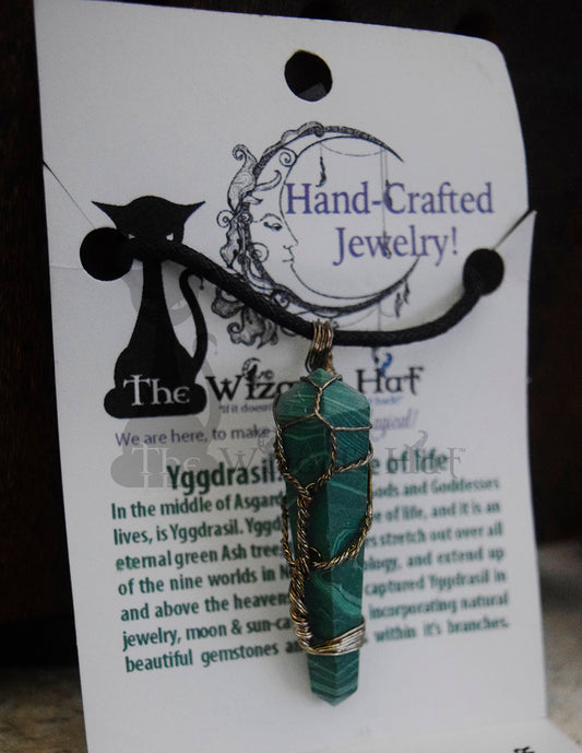 Handcrafted Natural Malachite Crystal Point Necklace, Yggdrasil Tree of Life wrapping