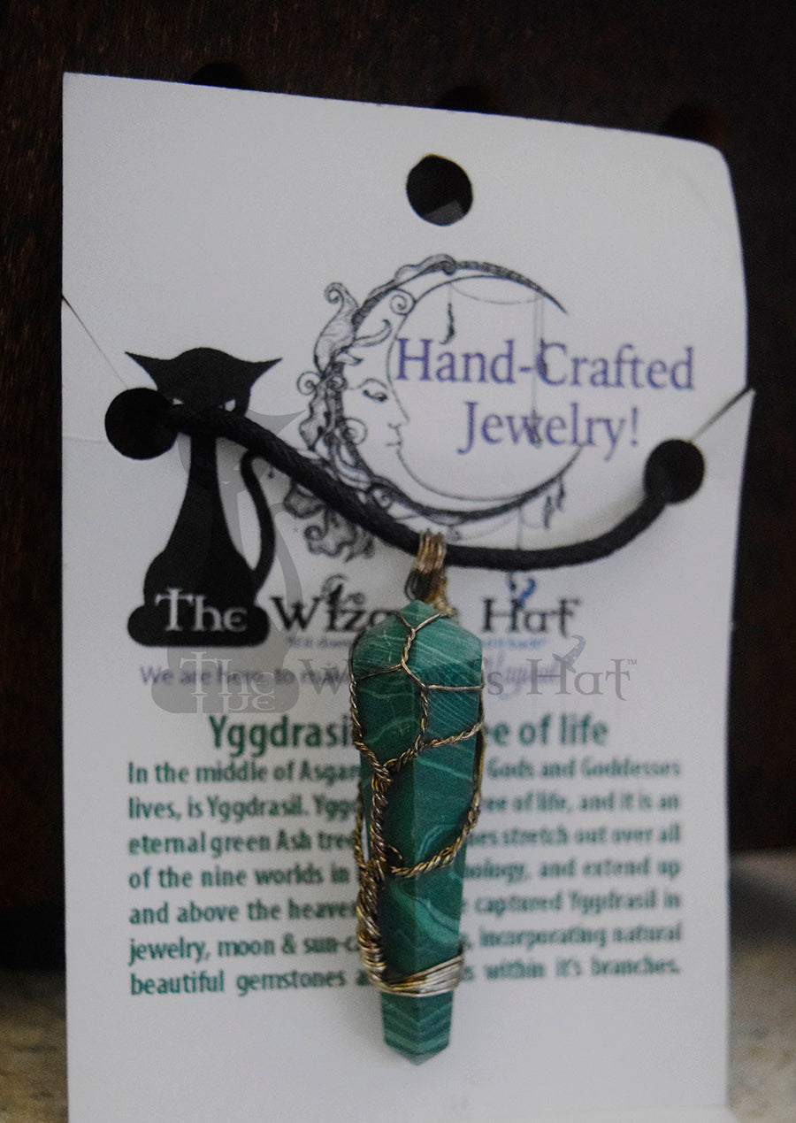 Handcrafted Natural Malachite Crystal Point Necklace, Yggdrasil Tree of Life wrapping