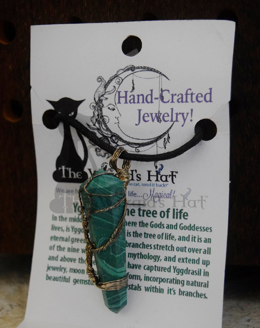 Handcrafted Natural Malachite Crystal Point Necklace, Yggdrasil Tree of Life wrapping
