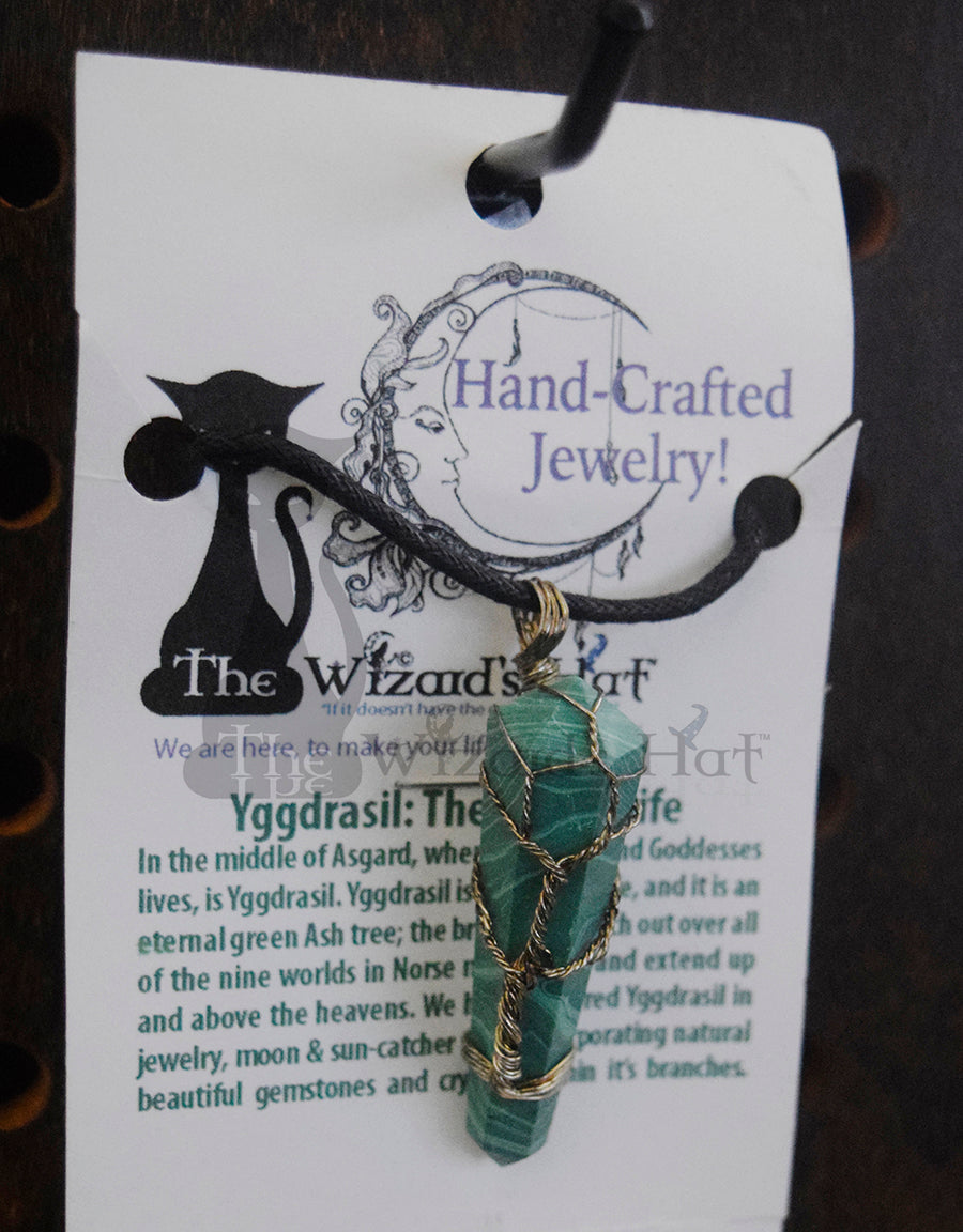 Handcrafted Natural Malachite Crystal Point Necklace, Yggdrasil Tree of Life wrapping